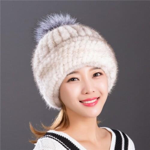 New natural mink fur hat ladies winter warm fur knit hat fox fur ball earmuffs fur cap women