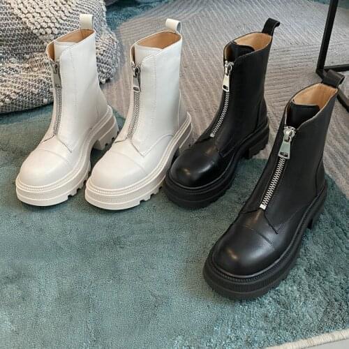 QZYERAI 2021 New Autumn Winter Fashion Leather Boots Black Mid-tube Platform Boots Motorcycle Rider Womens Boots