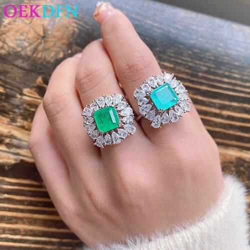 OEKDFN 100% 925 Sterling Silver Jewerly Paraiba Tourmaline Emerald Created High Carbon Zircon Gemstone Wedding Engagement Rings