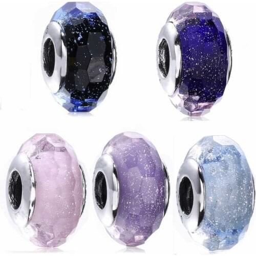 Original Multicolor Shimmering Teal Faceted Lampwork Murano Glass Beads Fit Pandora 925 Sterling Silver Charm Bracelet Jewelry
