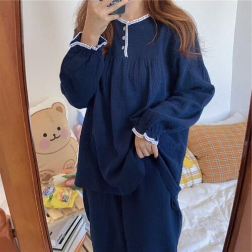 Loose pajamas two-piece navy blue Korean version sleepwear new пижама ladies loose casual home wear simple nightwear suit