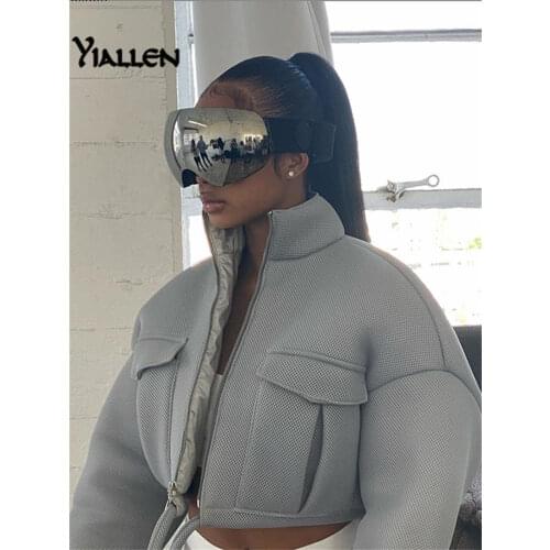 Yiallen Mesh Plaid Y2K Bubble Puffer Women Trend Zip Pocket Crop Outerwears Spring Autumn Slim Drawstring Female Coats 2021