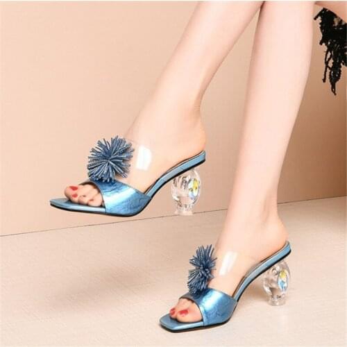 PXELENA Designer Celebrity Women Crystal Strange High Heels Slides Outdoor Genuine Leather Summer Slippers Ladies Party Dress 41