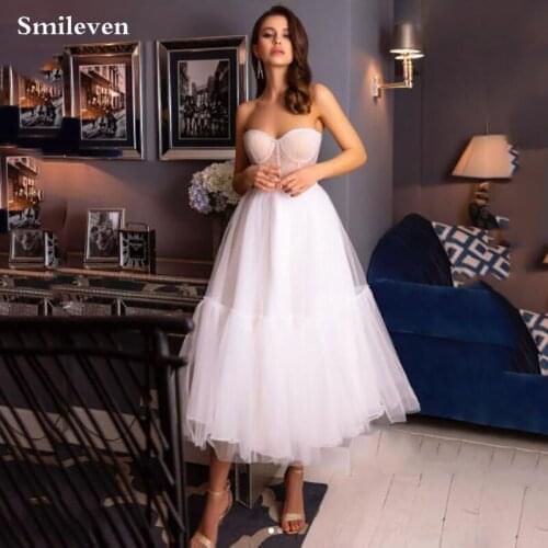 Smileven Strapless Short Wedding Dress 2021Simple And Clean Tulle Bridal Gowns Vestido De Noiva Puffy Wedding Gowns