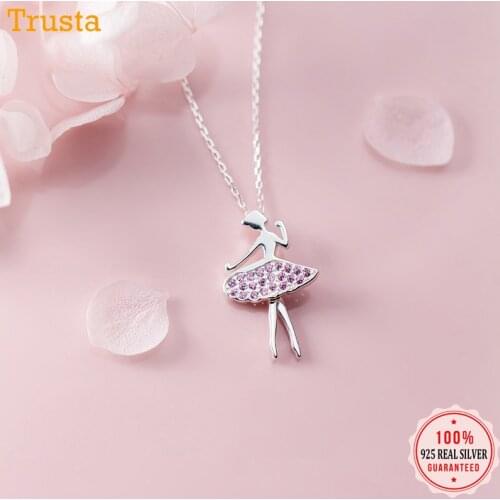 Trustdavis 100% 925 Solid Sterling Silver Sweet Ballerina Girl Pink CZ Pendant Gift Necklace For Girl Women Love Jewelry DA331