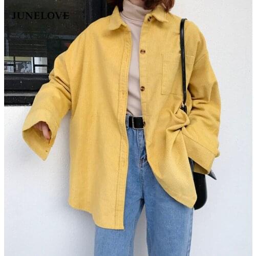 JuneLove 2020 Corduroy Camisas Shirt Loose Wild Solid Spring Women Blouse Big Size Shirt Female Long Sleeve Long Shirt Tops