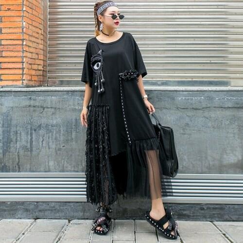 European Summer New Heavy Industry Patch Tassel Stitching Short-sleeved Loose Mid-length T-shirt Dresses Women Fashion 2021