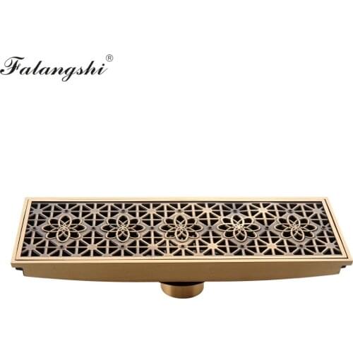 10*30cm Long Floor Drain Antique Copper Brass Art Flower Shower Drain Cover Bathroom Floor Drain Strainer WB9006