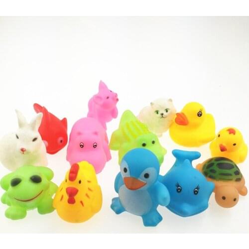 13pcs/set Bath Toys Baby Bath Water Toy Children Pinch Call Soft Plastic Animal Small Yellow Duck With Net Bag Packaging