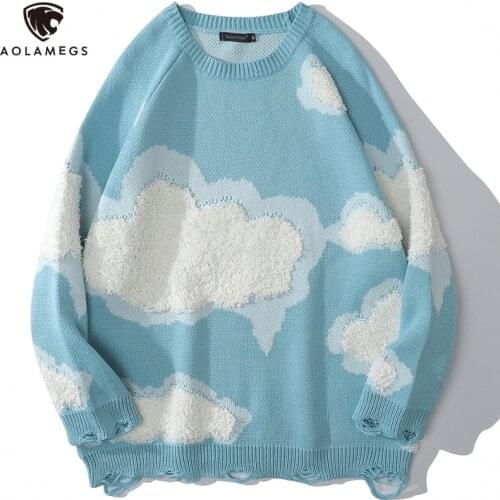Aolamegs Men Sweater Furry Cloud Broken Hole knitted Pullover Casual Loose Couple Jumper Harajuku Fashion Autumn Streetwear Men