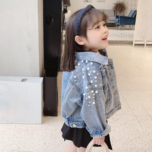 Spring and Autumn Girls Fashion Long Sleeve Jacket Korean Fashion Denim Jacket Beaded Jacket Children Causal Jeans Loose Top