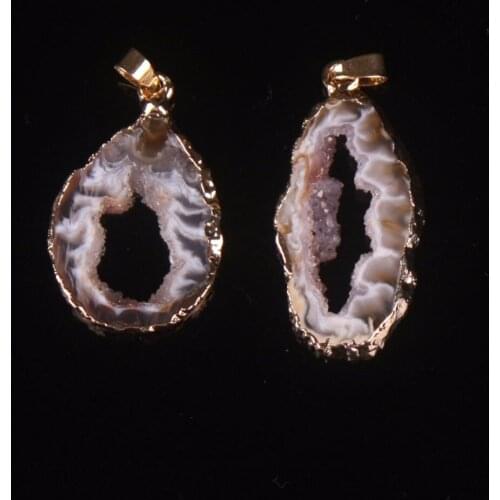 2 Type Gold-Tone Natural Druse Onyx Thin Slice Drusy yellow Crystal Geodes Druzy Cluster Raw Rock Pendant for Holiday Gift