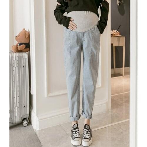 Pregnant women denim daddy pants cropped trousers spring and autumn pregnant women wear casual pants loose maternity pants