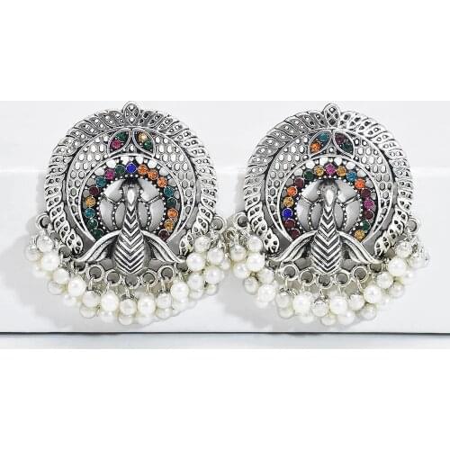 Ethnic Boho Vintage Silver Metal Drop Earrings for Women Pearl Beads Statement Earring Bridal Wedding Party Indian Jewelry
