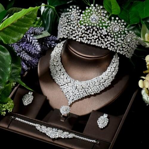 HIBRIDE Big Luxury 5pcs Wedding Jewelry Sets For Bride Full Zircon Headband Tiaras Dubai Jewelry Sets For Wedding Jewelry N-1644