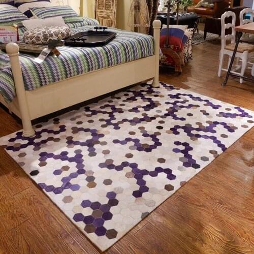American Style Natural Cowhide Seamed Rug , Purple Color Genuine Cows Skin Carpet for Princess Grils Room, Fur Bedside Carpet