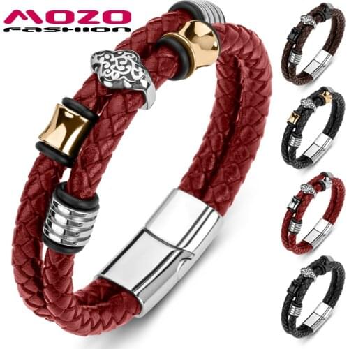 MOZO FASHION 2021 Men Bracelets Braided Leather Rope Chain Stainless Steel Ethnic Bangles Punk Non-Mainstream Jewelry 195
