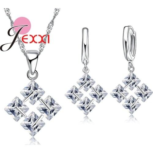 Fashion Geometry Design CZ Shape Necklace Earrings Set Clear Crystal Stainless Silver Women Chain Jewelry