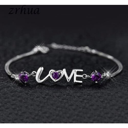 ZRHUA Original 925 Sterling Silver Romantic Heart Bracelets for Women Zircon Crystal Bracelet&Bangle Wedding Engagement Gifts
