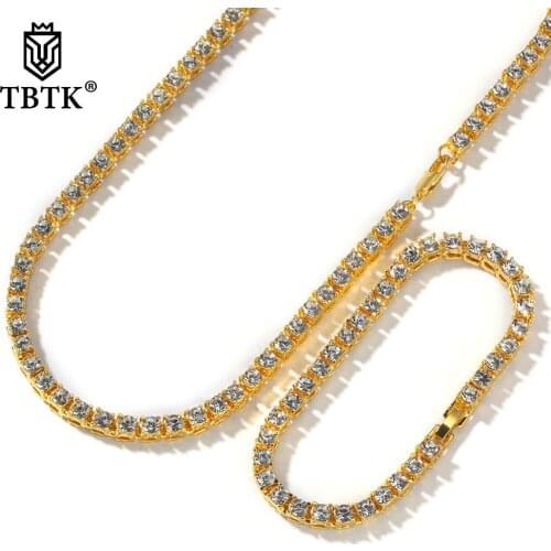 TBTK Fashion Gold One row Iced Out Bling Tennis Chain Neckalce & Bracelet Prong Crysta Zinc Alloyl Jewelry Sets Unisex