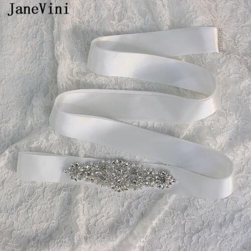 JaneVini Luxury Crystal Satin Bridal Belt Rhinestone Sash Handmade Ribbon Belts Beaded for Party Dress White Wedding Accessories