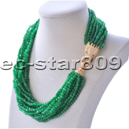 S2279 14row 20" 4mm Natural Round Faceted Green Jasper Necklace Cougar CZ
