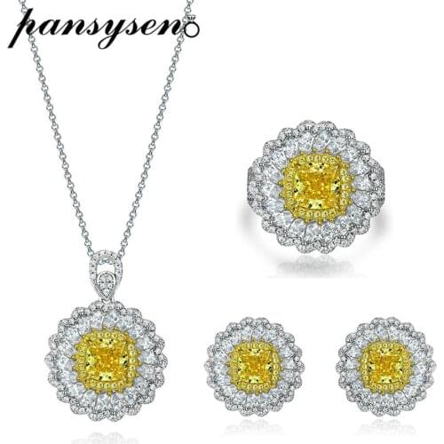 PANSYSEN Luxury 925 Sterling Silver Flower Created Moissanite Citrine Gemstone Big Stud Earrings Ring Necklace Fine Jewelry Sets