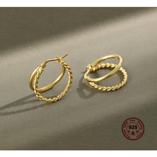 Factory Price 100% S925 Sterling Silver Earrings Double Ring Opening Design Twisted Rope Shape Trendy All-around Attractive