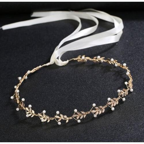 SLBRIDAL Gold Color Alloy Leaf Pearls Bridal Headband Hair Vine Wedding Hair Accessories Jewelry Headpieces for Women Girls