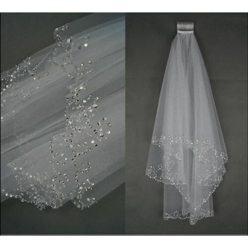 Bewitching Looking New 2 Layers Beaded Edge Pearl Sequins Bridal Wedding Veil With Comb