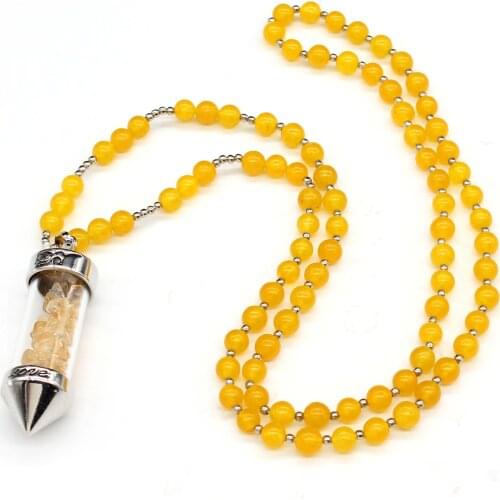 Trendy-beads Silver Plated Natural Yellow Citrines Crystal Pendant Strand Beads Chain Necklace Love Jewelry