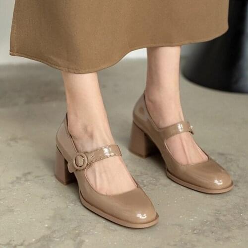 Osunlina Mary Janes Lady Pumps Round Toe Genuine Cow Leather Concise Footwear High Square Heels Buckle Strap Elegant Woman Shoes