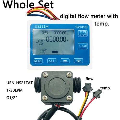 US211M USN-HS21TAT Water Flow Meter Hall Water Flow Sensor 1-30 L/min Flow Displayer Totaliser Volume NO Power Adapter