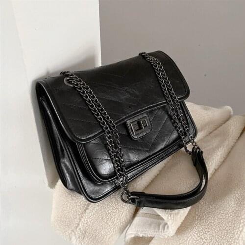 Vintage Medium Quilted Chain Shoulder Bags For Women Flap Lock Design Large Capacity Crinkled PU Leather Ladies Crossbody Bags