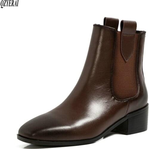 QZYERAI Female boots Genuine leather black brown Womens boots Autumn and winter Womens shoes Size 34-40