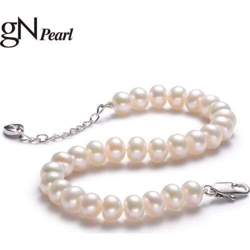 GN Pearl Genuien 8-9mm 9-10mm Natural Freshwater Pearl Bracelets 925 Sterling Silver Chain gNPearl Fine Jewelry for Women Gifts