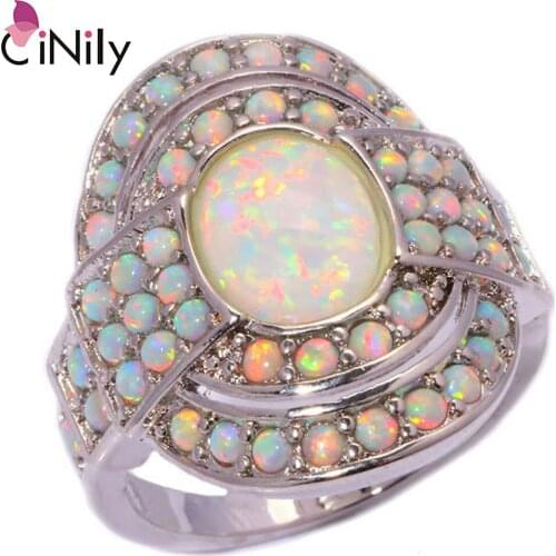 CiNily Blue & Pink & White Fire Opal Filled Finger Rings With Round Stone Silver Plated Luxury Large Cocktail Jewelry Gift Woman
