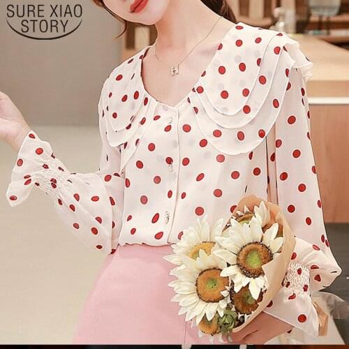 Autumn New Fashion Long Sleeve Chiffon Women Shirts Polka Dot Print Sweet Women Blouses Casual Long Butterfly Sleeve 6699 50