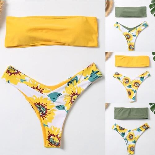 2020 Sexy Women Bikini Set Sunfloral Print Padded Swimwear Bathing Suits High Waist Swimsuit Female Brazilian Beachwear
