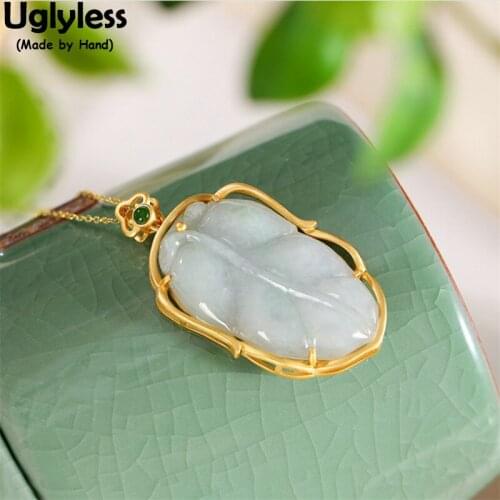 Uglyless Big Size Emerald Leaf Pendants for Women Luxury Nature Gemstones Party Dress Necklaces NO Chain Gold 925 Silver Jewelry