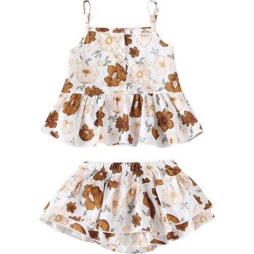 Summer New Infant Bodysuits Casual Newborn Baby Girls Cute Floral Print Sleeveless Organic Cotton Ruffle Soft Tops + Skirts Set