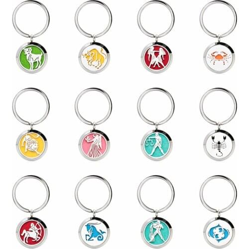Star signs 25mm Key Ring Keychain 316L stainless steel Essential Oil Diffuser Locket Perfume Locket Keyrings Free 10pads