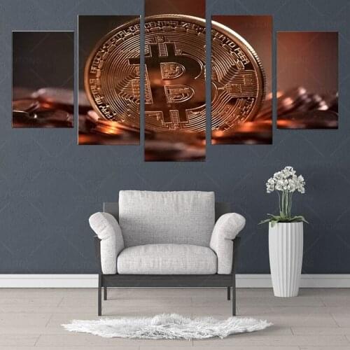 HD Print 5 Pieces Canvas Artwork Pictures Poster Money Coins Closeup Bitcoin Virtual Currency Paintings Modern Wall Art Room