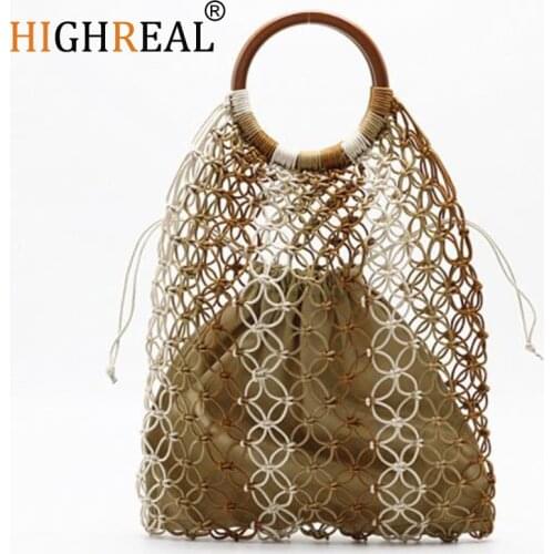 HIGHREAL Handmade Cotton Woven Wood Handle Womens Handbags Hollow Rope Net Straw Bag Woven Beach Bag Drop Shipping