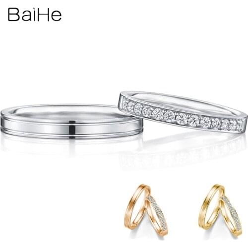 BAIHE Solid 18K White Gold 0.28ct Certified H/SI Round 100% Genuine Natural Diamonds Wedding Women Fine Jewelry Couple Ring