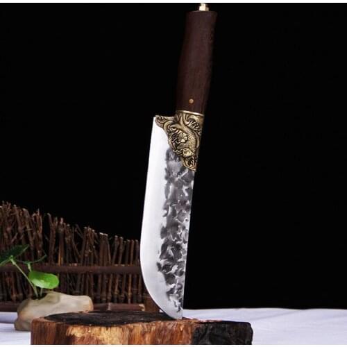 LongQuan 8 Inch Viking Barbecue Knife Hunting Outdoor Cleaver Sharp Boning Handmade Forge Steel Kitchen Knives Copper FIsh Decor