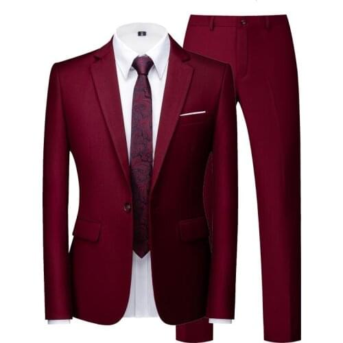 Mens 2 Piece Burgundy Suits For Wedding Proms Groomsmen Solid Color Leisure Tuxedos Slim Fit Business Pant Suits