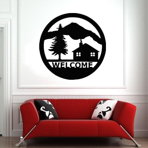 Welcome Words Wall Decal Tree Mountain House Ring Logo Door Window Vinyl Stickers Living Room Shop Cafe Interior Decor Art E167