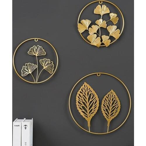 Nordic Style Wall Hanging Decor Ginkgo Leaf Iron Art Round Wall Decoration Pendant Living Room Sofa Background Wall Porch Mural