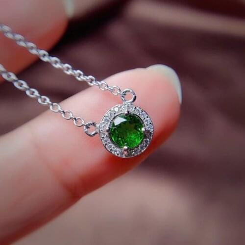 Natural green diopside Necklace natural gemstone Pendant Necklace S925 silver grace simple round women girl party gift Jewelry